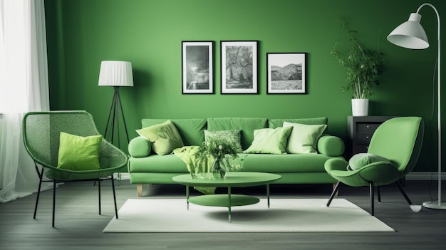 Monochromatic color scheme green interior wall AI generated